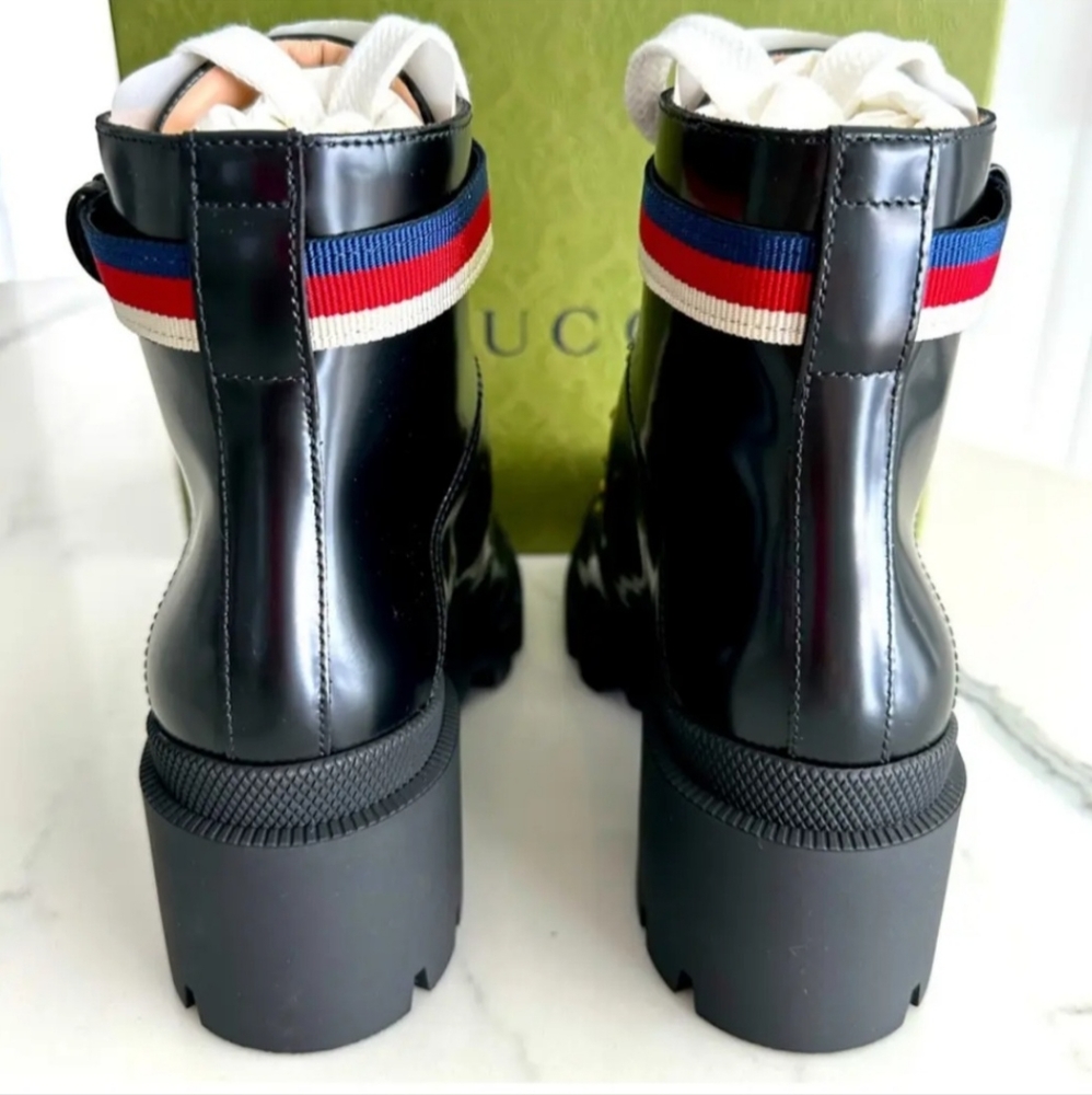 GUCCI SYLVIE WEB COMBAT BOOTS BLACK LEATHER - Picture 3 of 6